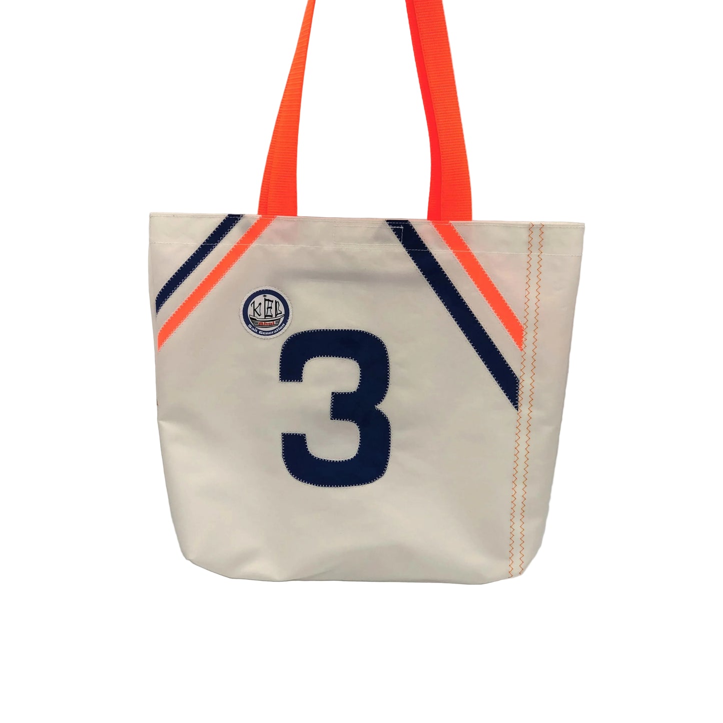 Shopper S aus Segeltuch in weiß mit Streifen in orange und Zahl drei.