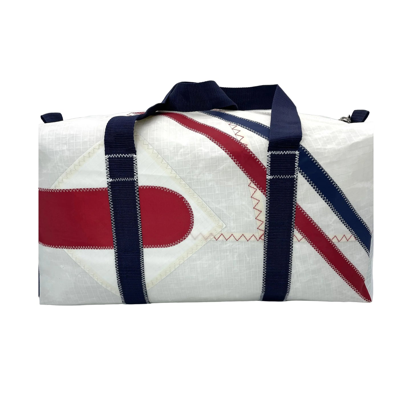 Sporttasche L aus Segeltuch in weiß mit Originalnähten vom Segeltuch mit Streifen.