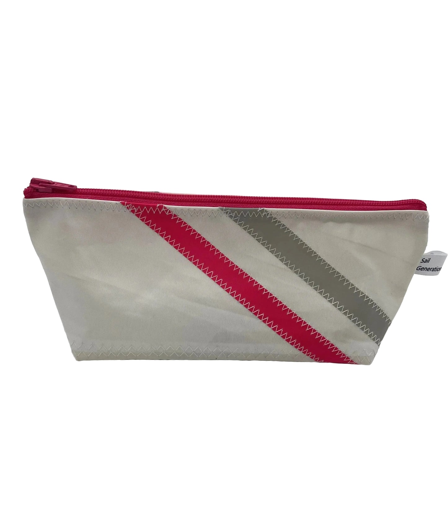 Stifttasche in weiß aus Segeltuch mit Streifen in Pink und Grau, vorne