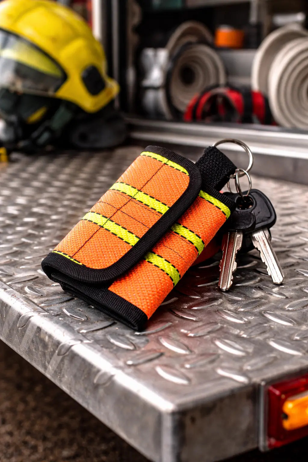 Schlüsseltasche aus Recyceltem Feuerwehrschlauch in Orange mit gelben Streifen. Bild mit KI generiert.