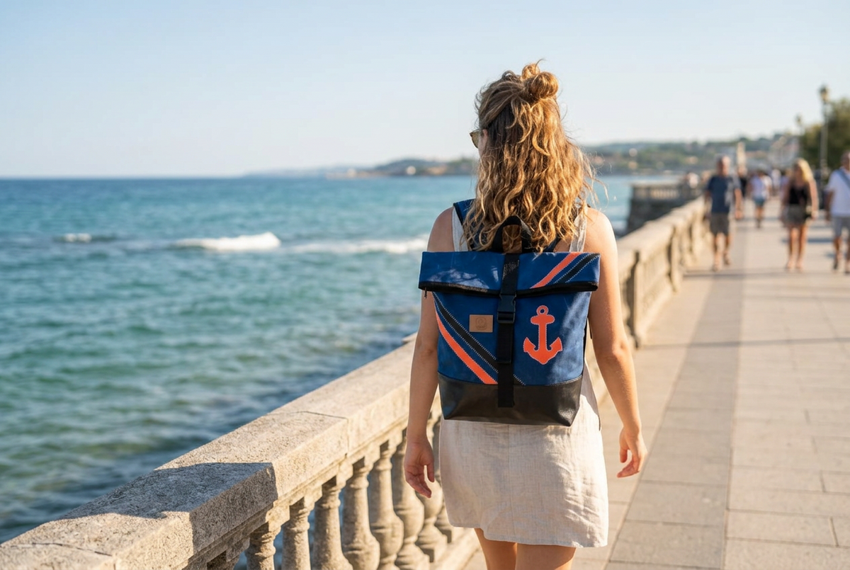 Rucksack in Blau aus recyceltem Seesack. [KI]
