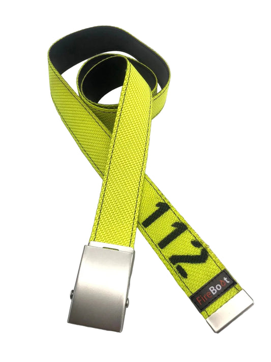 Gürtel aus recyceltem Feuerwehrschlauch in Neon grün mit Aufdruck 112.