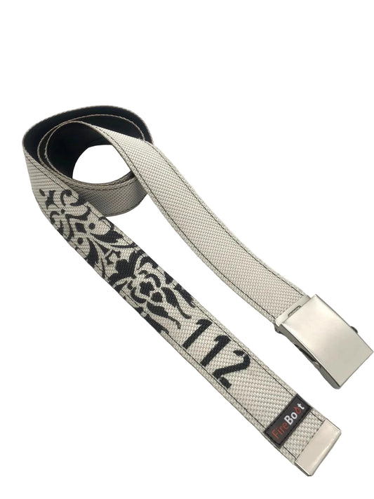 Gürtel aus Feuerwehrschlauch in Hell mit Tattoo und 112 Aufdruck.