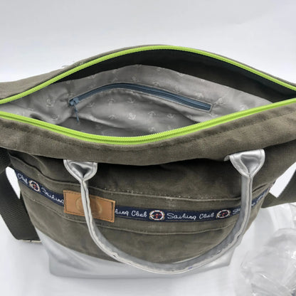 Umhängetasche Grün/Silber - Einzelstück mit robustem Innenraum, praktischen Innentaschen und maritimem Design.