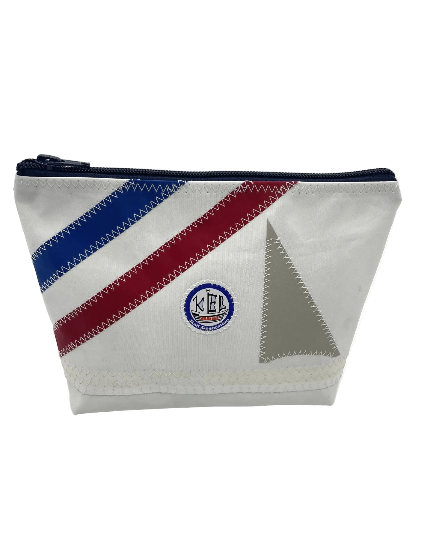 Kosmetiktasche in weiß aus Segeltuch mit Streifen in Blau und Rot, vorne