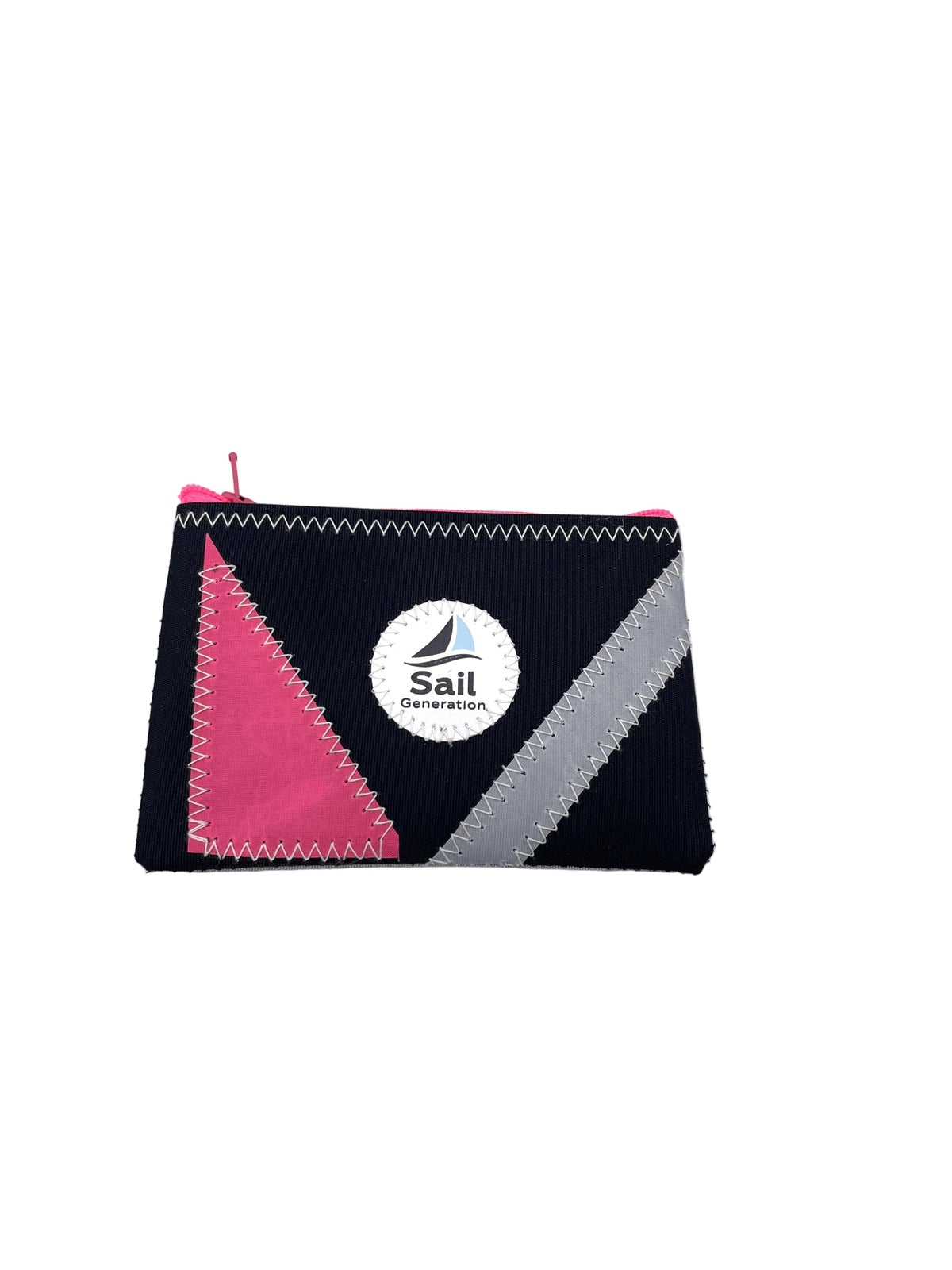 Mini Portemonnaie S aus schwarzem Segeltuch mit Applikationen in pink und weiß, Rückseite grau.