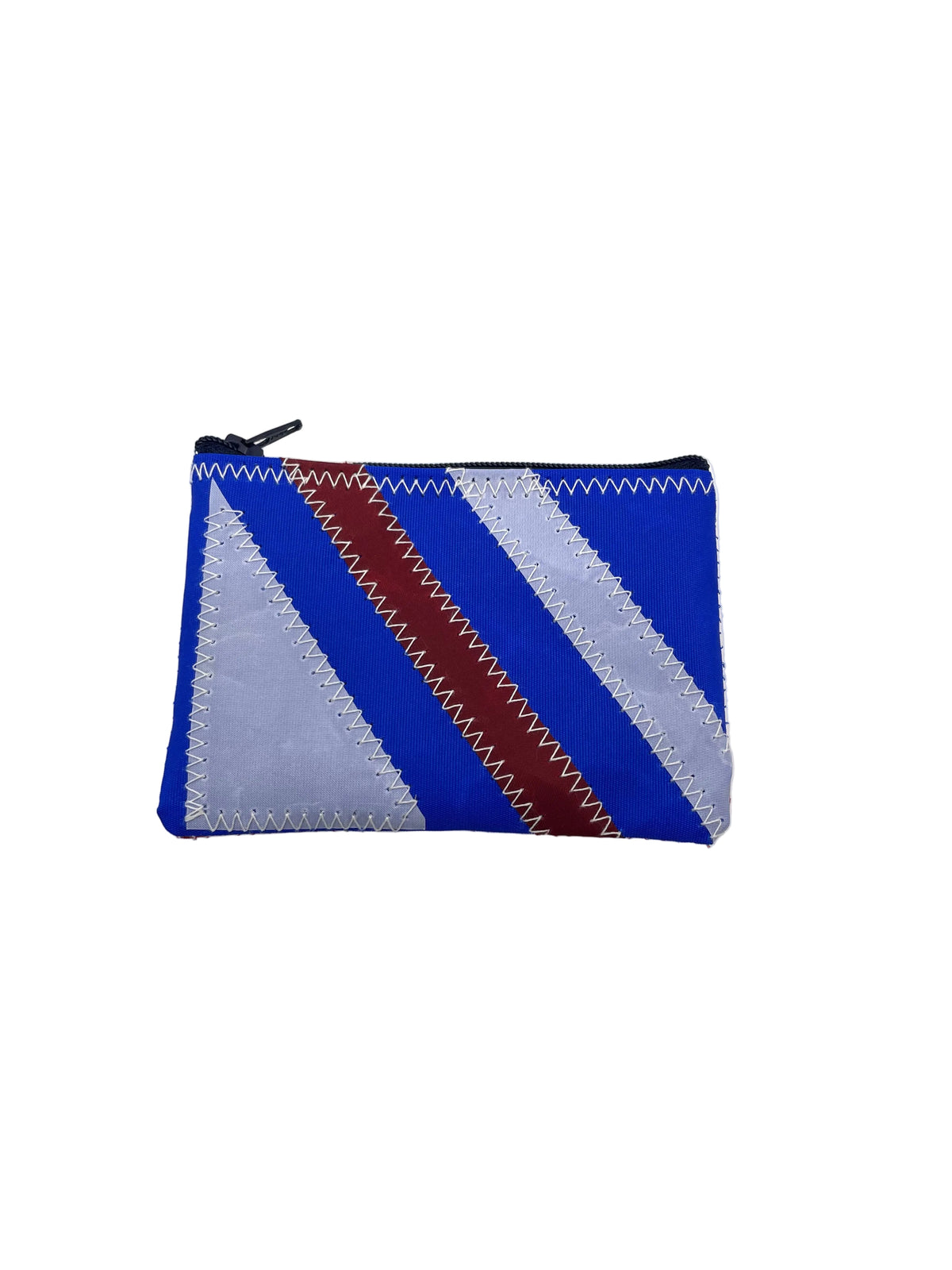 Mini Portemonnaie S aus blauem Segeltuch mit Applikationen in weiß und rot.