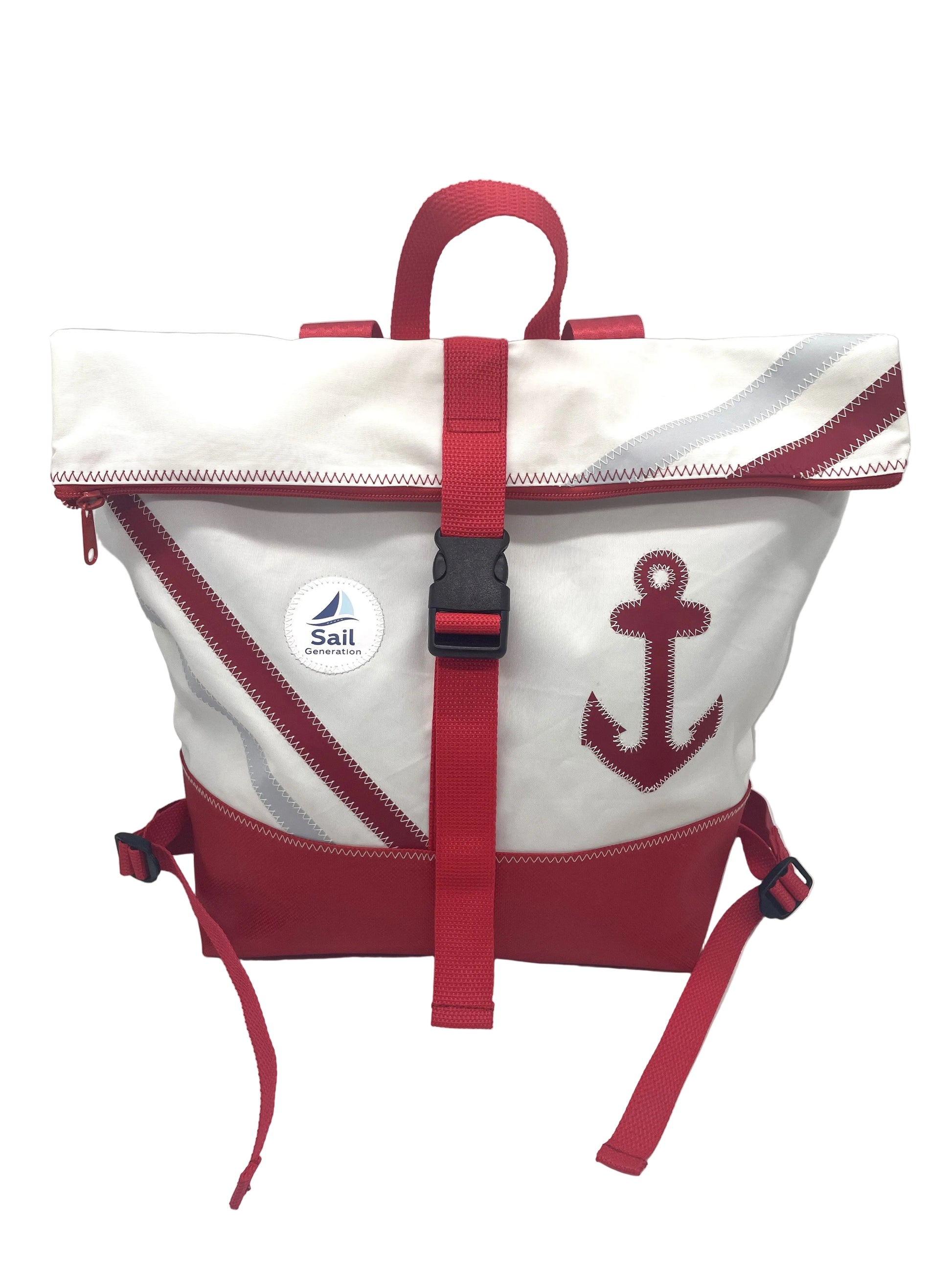 Rucksack aus recyceltem Segeltuch in rot mit einem Anker in rot.