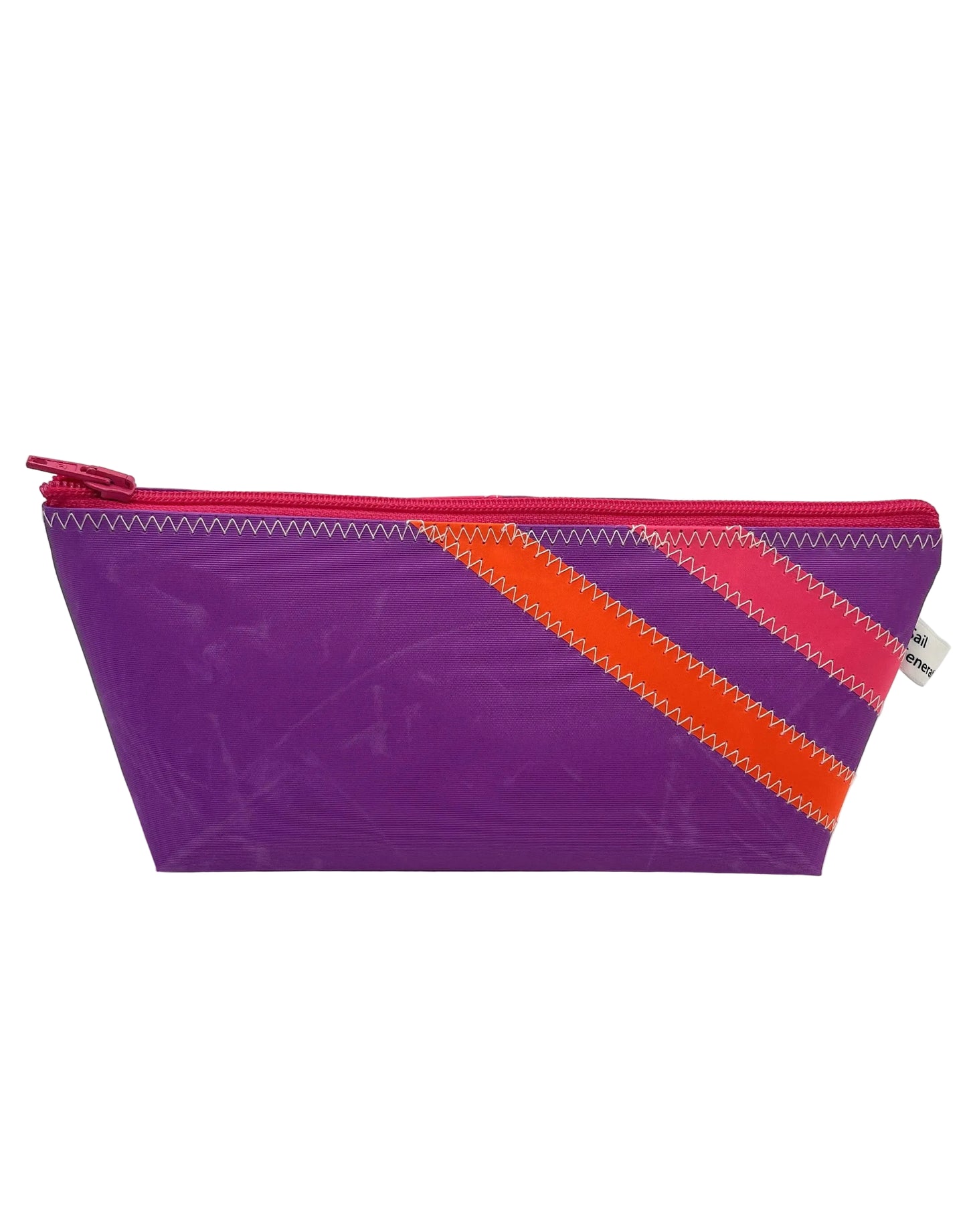 Stifttasche in Brombeer aus Segeltuch mit Streifen in orange und pink, vorne