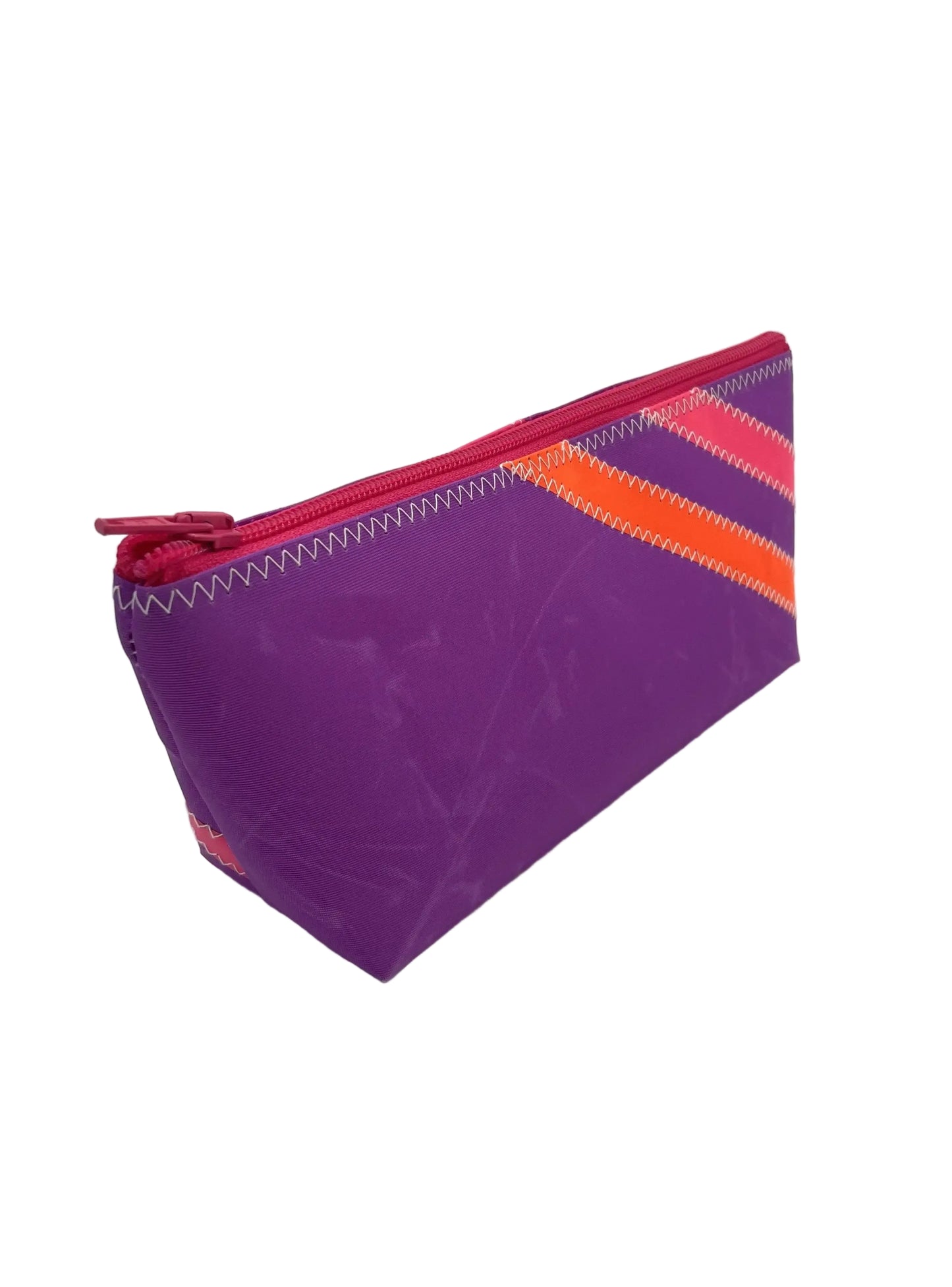Stifttasche aus Segeltuch in Brombeer mit Streifen in Orange und pink, Seitenprofil