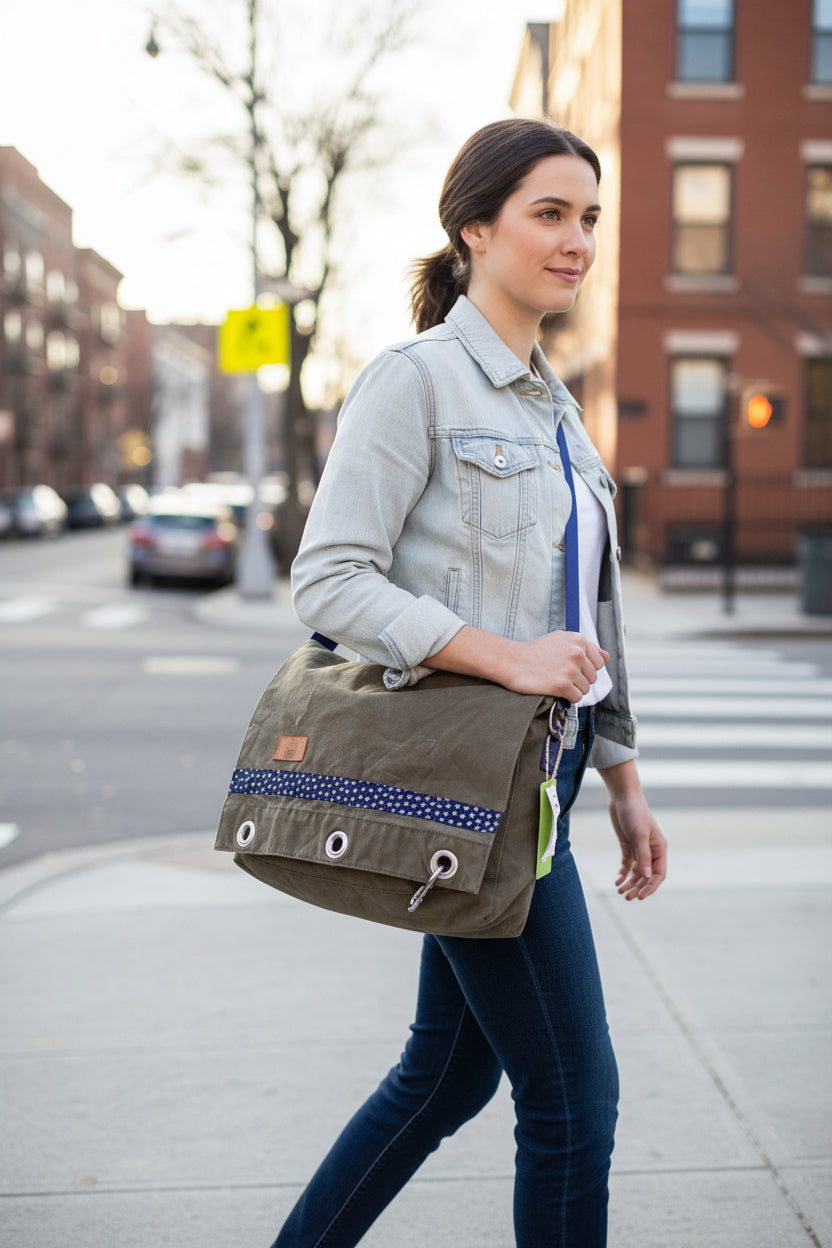 Umhängetasche L - Einzelstück in grün, von einer Frau getragen.